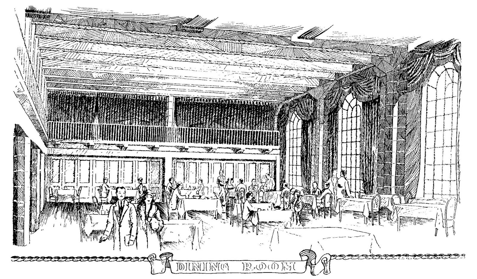 Archival pen-and-ink drawing of the City Club dining room, showing arched windows, a timbered ceiling, and an upper gallery