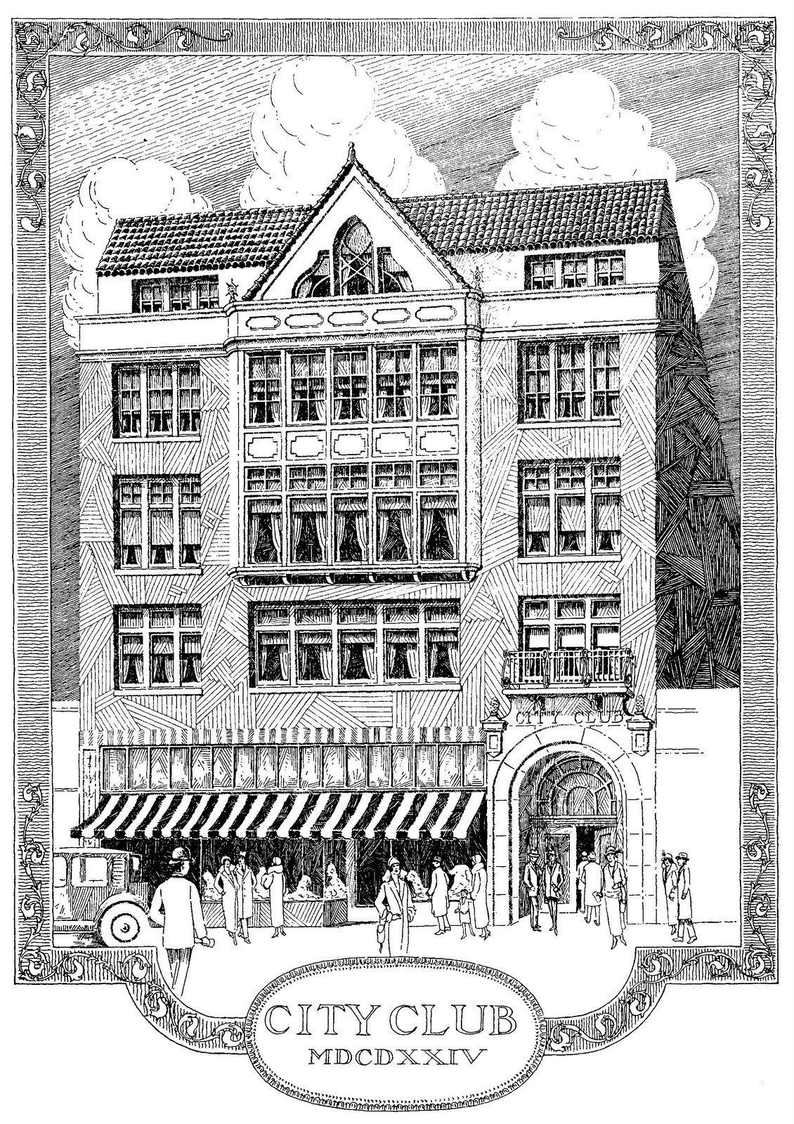 Archival architectural illustration of the City Club Building façade at 833 South Spring Street